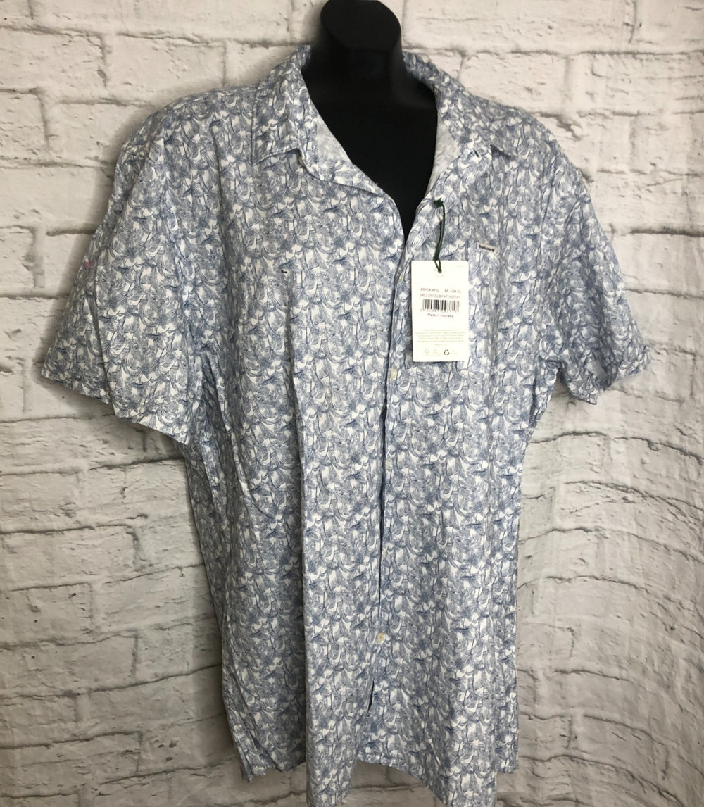 Barbour Regular Fit Mens US XL Blue White Feather Button Up Short Sleeve NWT